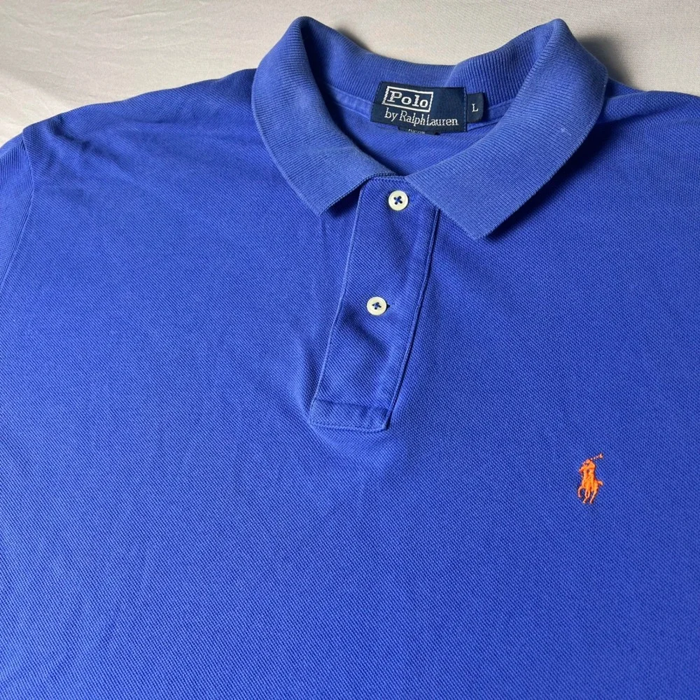 Polo Ralph Lauren Mens Blue Cotton Pique Short Sleeve Polo Shirt Orange Pony L
